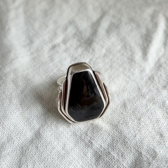 Sterling Silver Black Stone Statement Ring Artisan Modernist Style